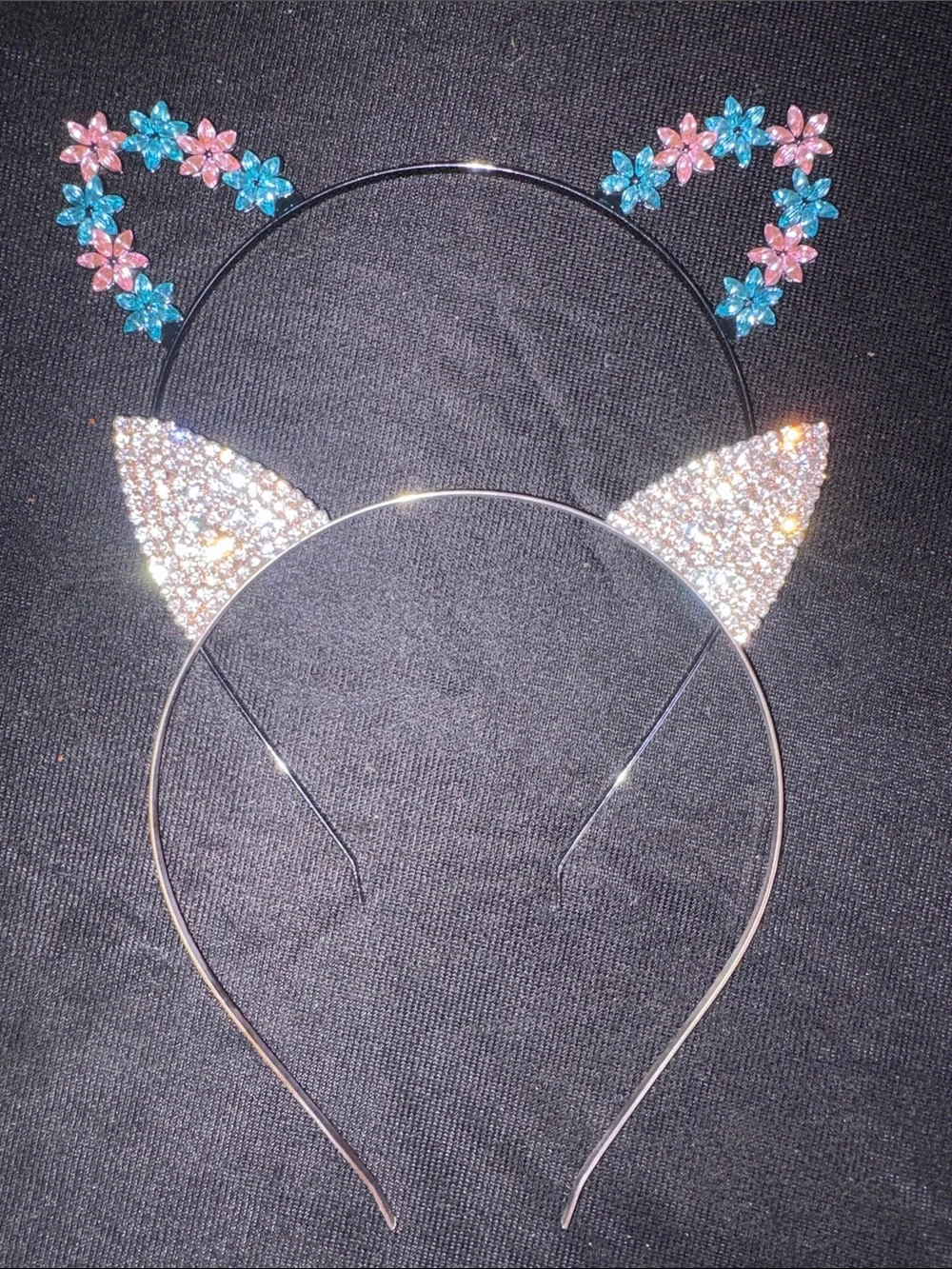 Sparkling Pink & Blue Flower & Rhinestone- Cat Ear Headbands for Kids 2 pc set
